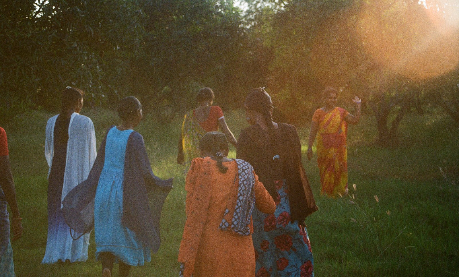 Artisans walking through an orchard at golden hour