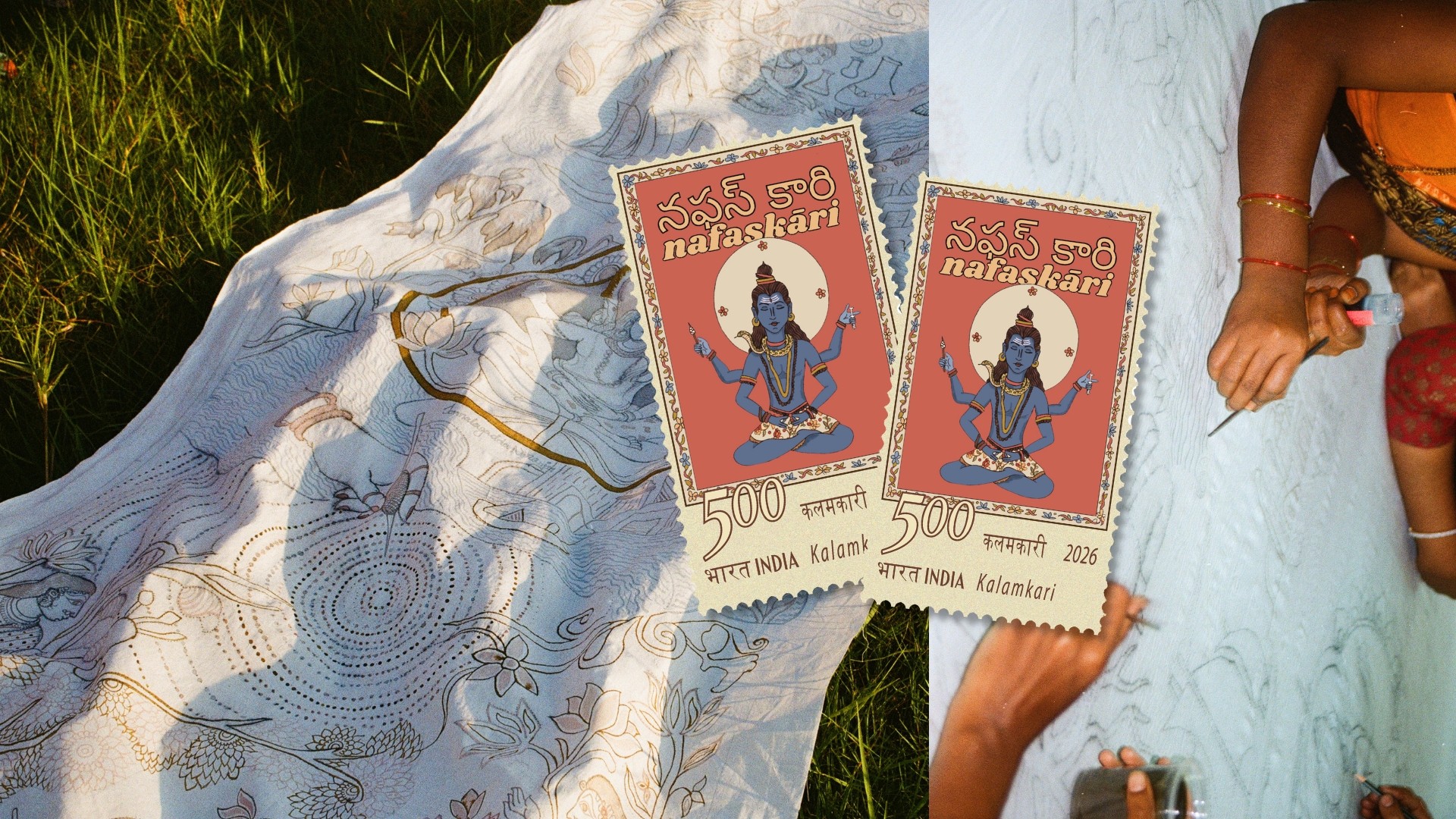 Two nafaskari postage stamps laid on the painted cloth beside an artisan drawing with a kalam